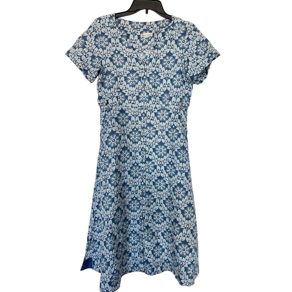 White Stuff UK 8R US 4 Blue Floral 100% Linen Button Front Midi Dress Pockets